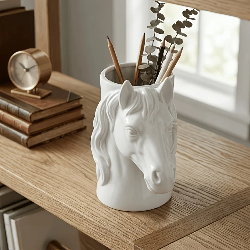 Galloping Horse Pen Holder Sculpture - Horse-Shaped Desk Organizer with Cylindrical Base & Stable, Lightweight Suitable for Home
