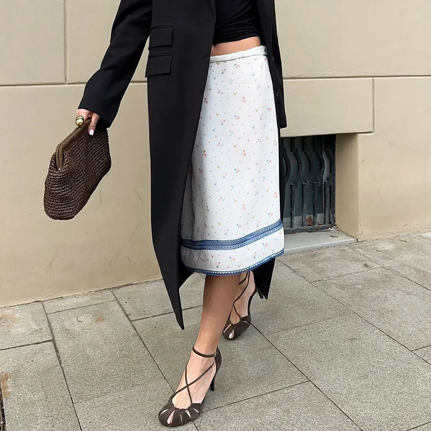 Linad Vintage imprimé taille élastique jupes longues pour les femmes décontracté Satin jupe droite automne rue Chic genou longueur jupes 2025