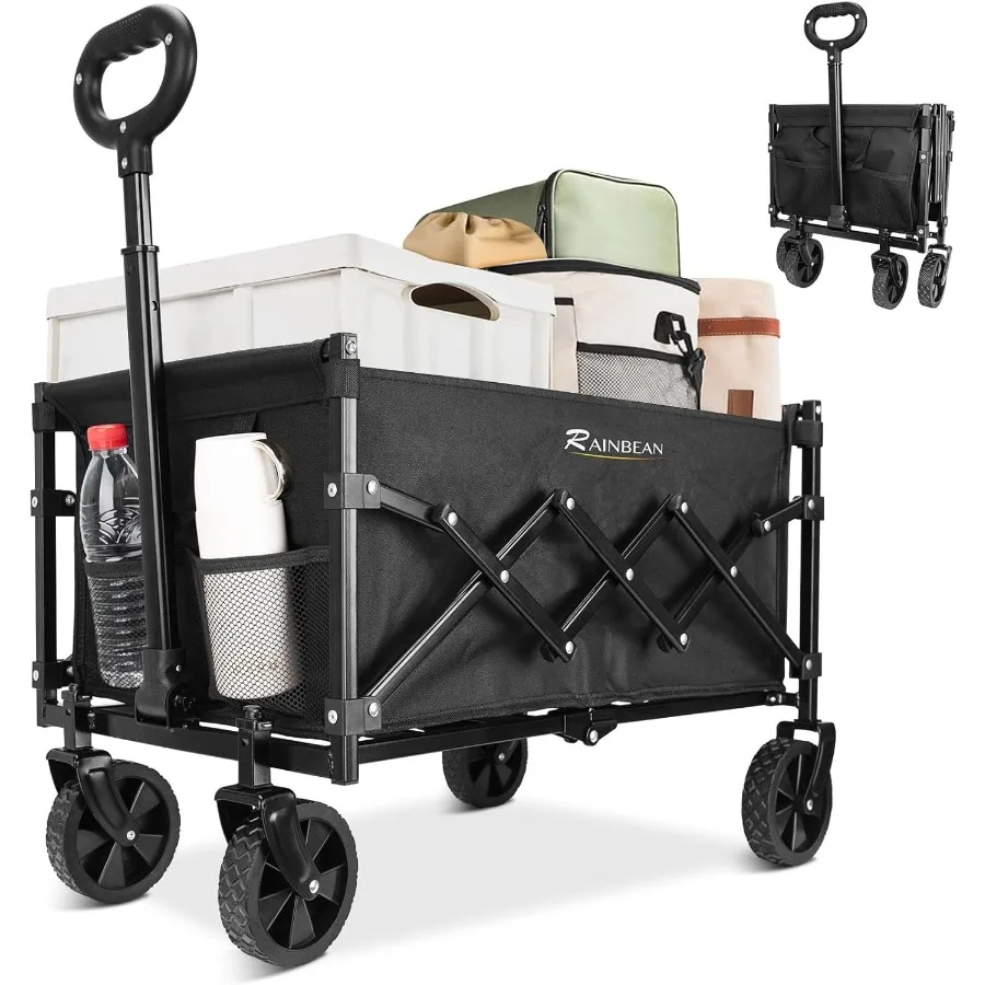 

RAINBEAN Collapsible Wagon Cart Foldable Heavy Duty Folding Wagon Large Capacity Shopping Cart Utility for Camping Garden Beach