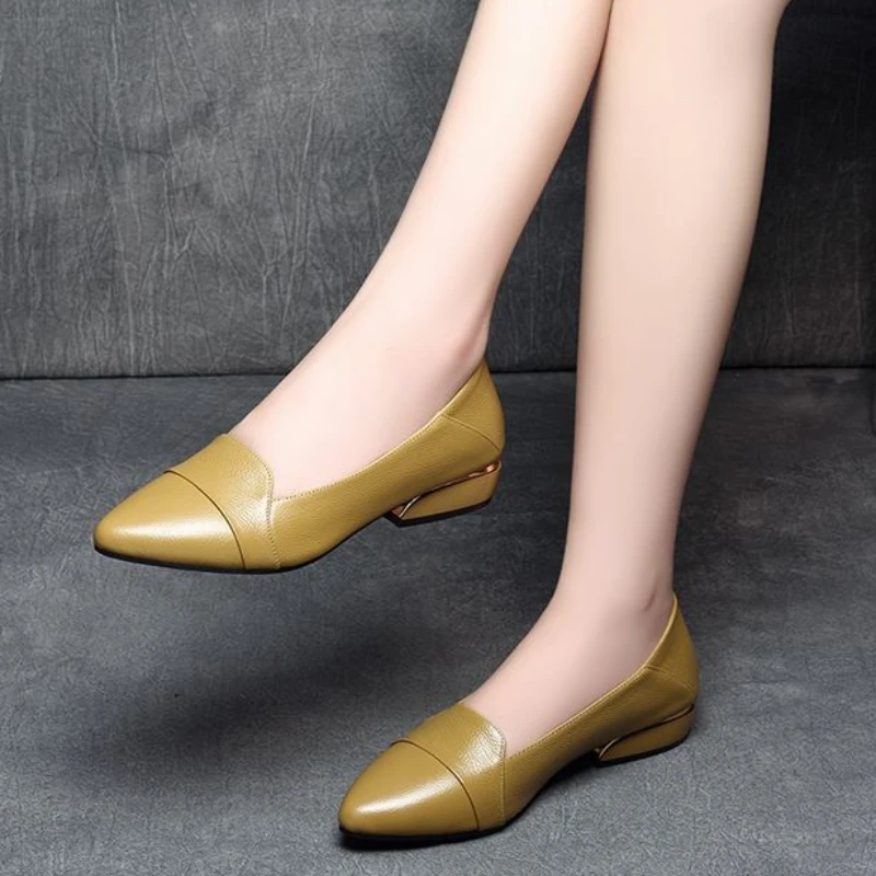 Buty dla kobiet 2024 Normal Leather Casual Ladies Summer Footwear Yellow Block Heel Chunky Heels Pointed Toe Low Elegant Chic A