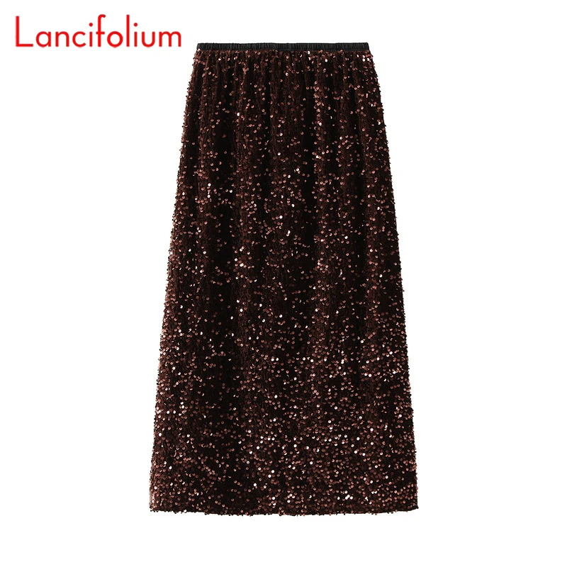 Jupe mi-longue à paillettes pour scène d'été et d'automne, jupe à jambe droite fendue au dos pour femmes, jupes crayon moulantes à taille élastique Vintage noires