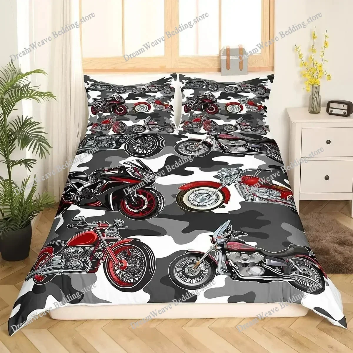 Luxury Bedding Set Motorcycle Fire Print Duvet Cover Set with Pillowcase Motocross Bedspread Boy's Bed Set Home Textileextile963