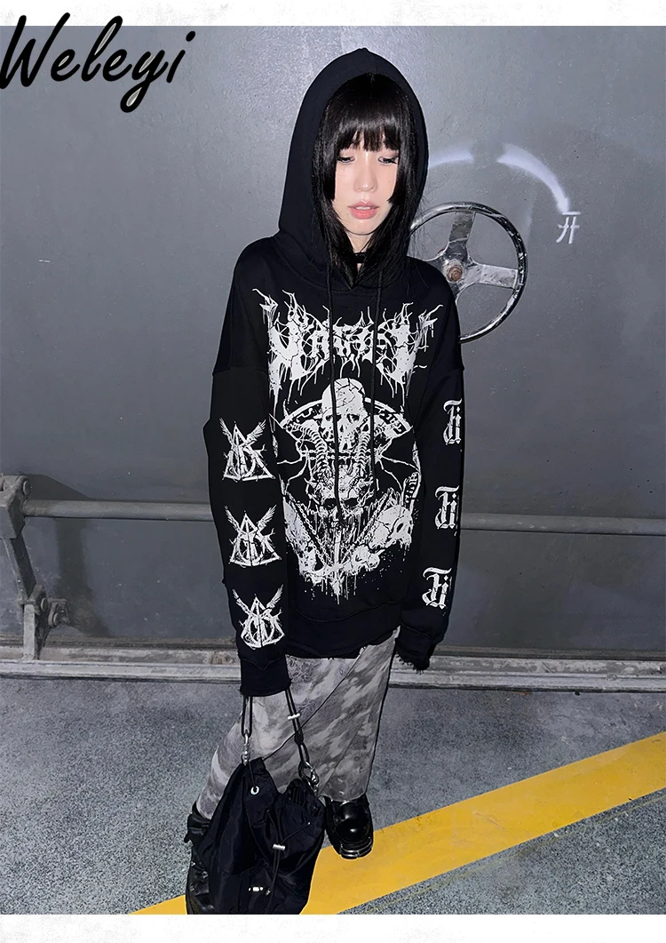 Punk Print Skull Demon Printed Black Hoodies Y2k Clothes 2024 Original Grunge Goth Hem Rough Edge Long Sleeve Hooded Sweatshirt