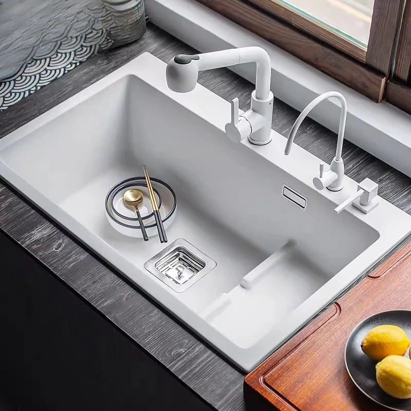 

D76 Quartz Stone Sink Kitchen Large Single Sink Vegetable Basin Granite Dishwasher Household Drain Package