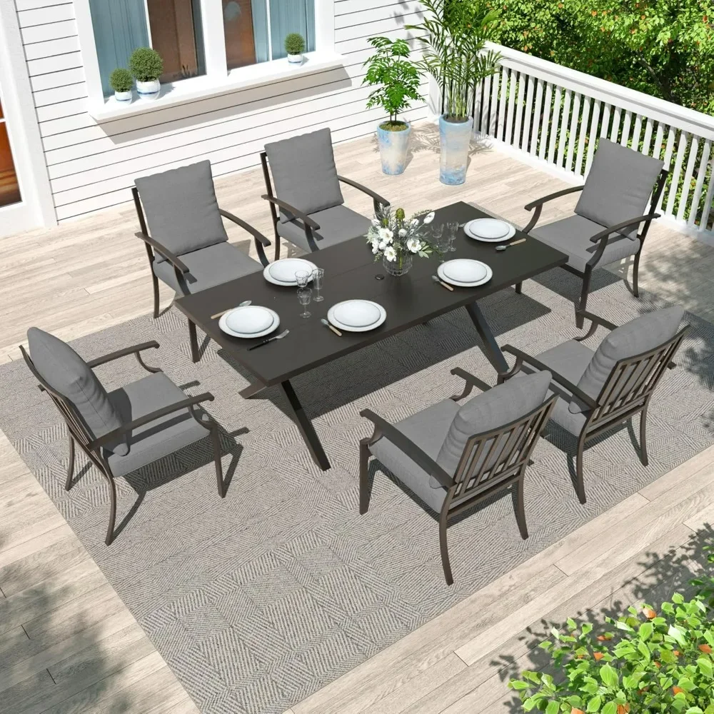 

7 Piece Outdoor Dining Table and Chairs, Rectangular Patio Dining Table with Umbrella Hole, Lawn Garden Outdoor Table and Chairs