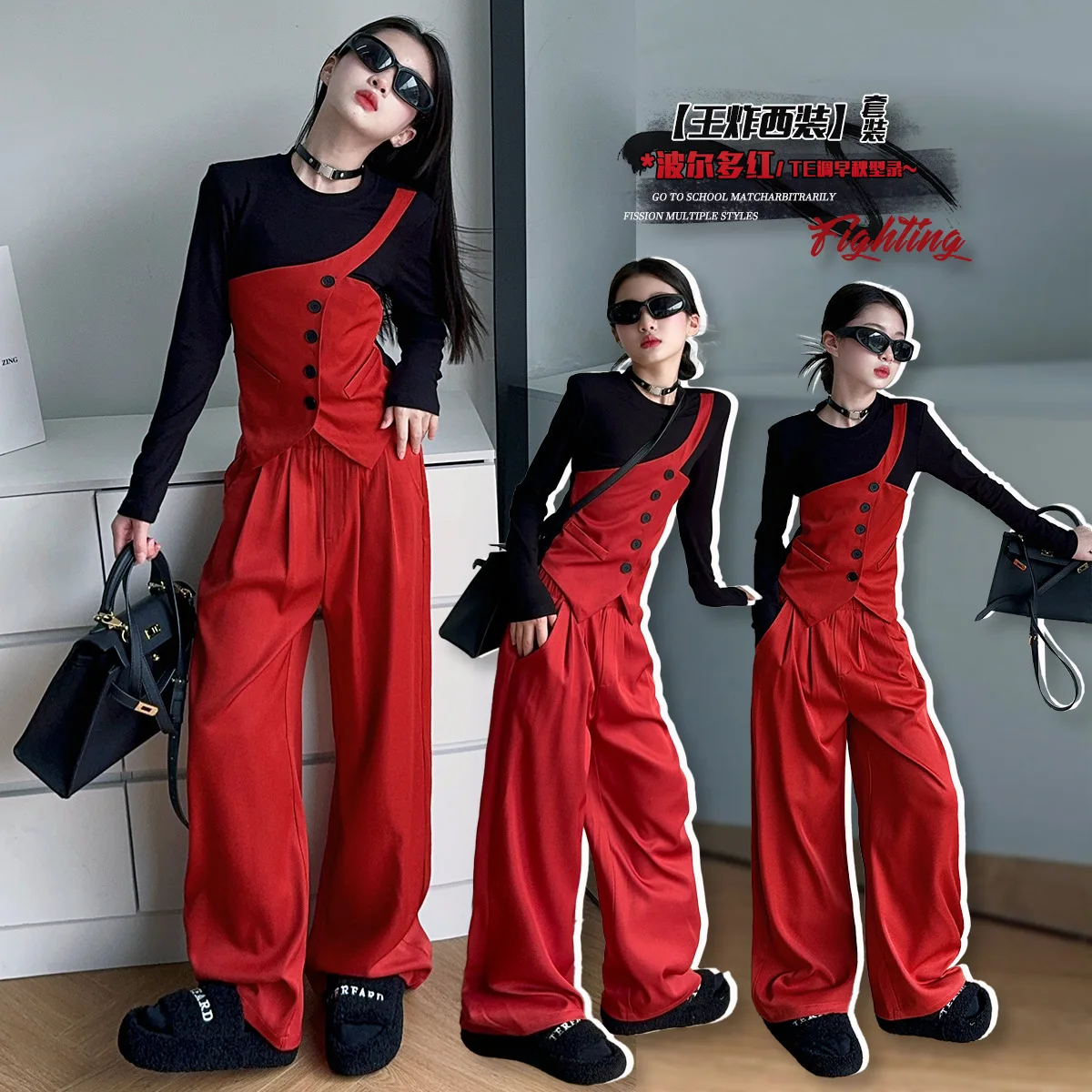 

teen girls Street clothes set 2024 Autumn red black Splicing Color Single breasted tops+Wide Leg Pants 2p kid suit child outfits