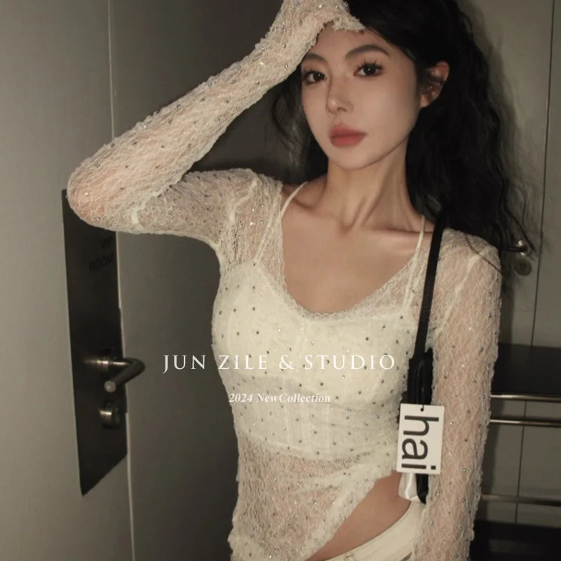 Summer Diamond Sparkling White Long Sleeve Lace T-Shirt Hollow Sunscreen Top