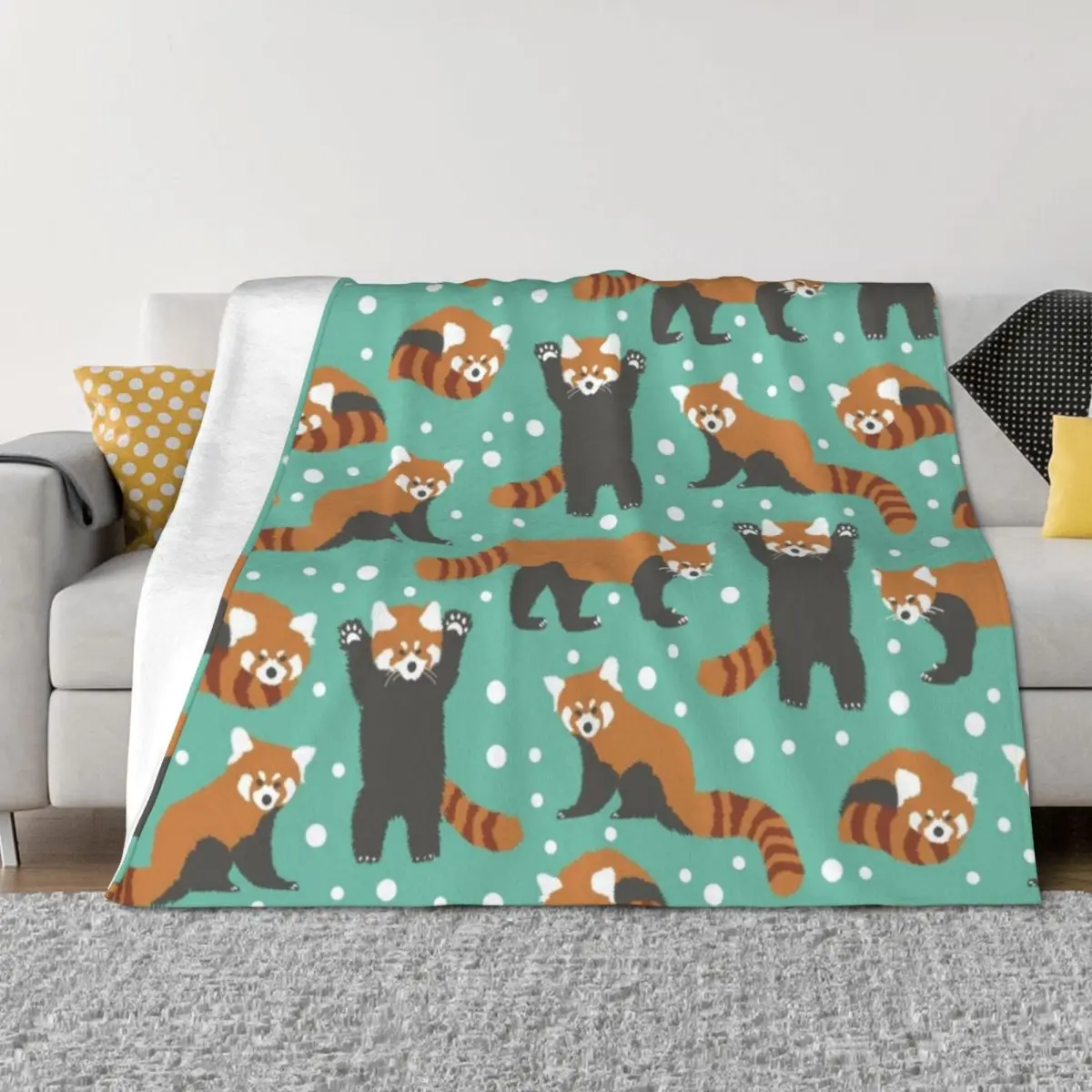

Cute red panda pattern with white dots and turquoise background Throw Blanket Plaid on the sofa for babies Beach anime Blankets