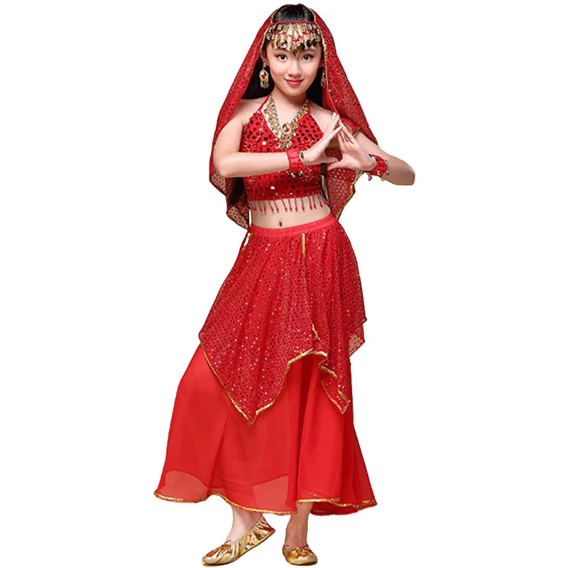 Crianças trajes de dança do ventre para crianças meninas saia de dança do ventre vestido de dança de bollywood desempenho competição conjunto pano indiano