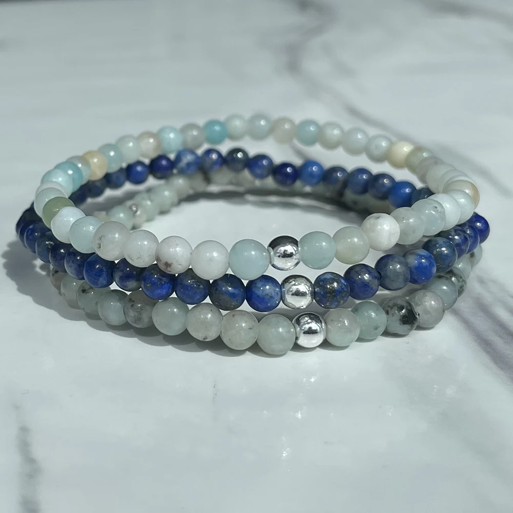 

MG2022 4 MM Kiwi Jasper Lapis Lazuli Amazonite Bracelet Set Womens Mini Gemstone Wrist Mala Jewelry
