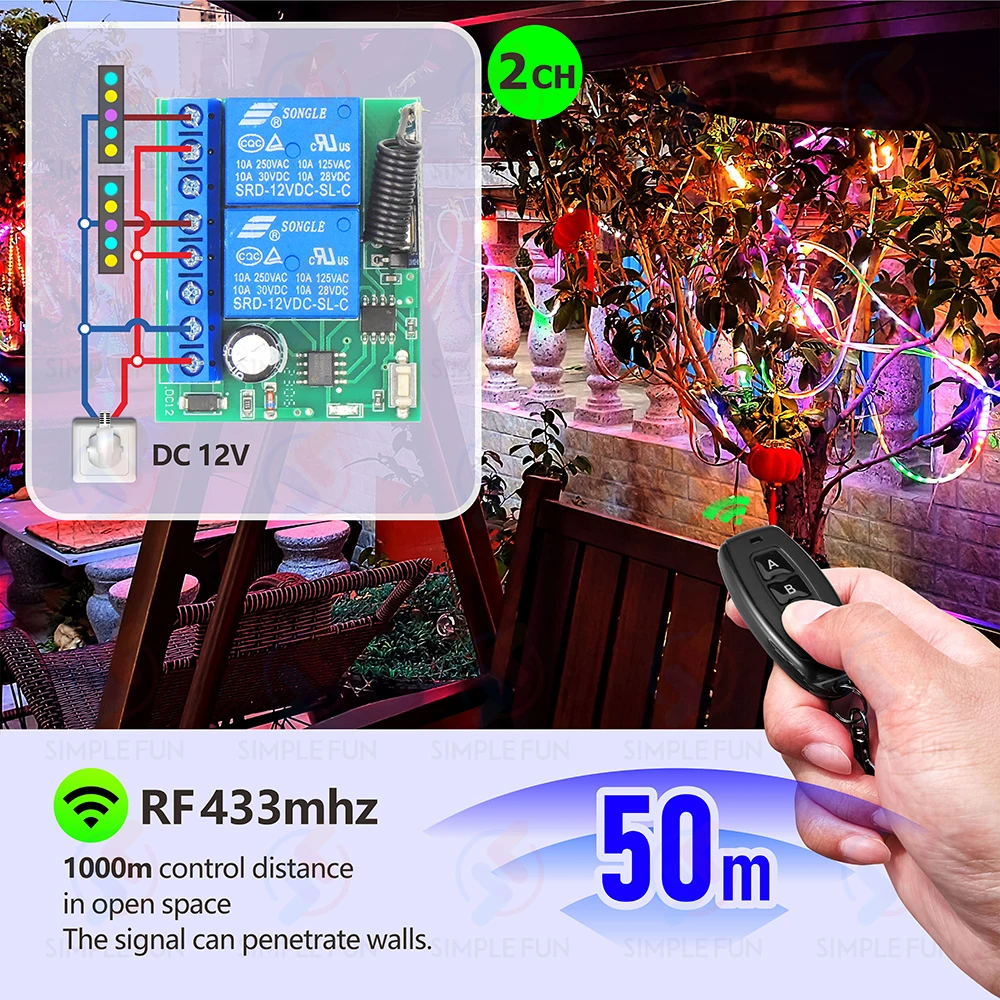 433MHz Universal Wireless Remote Control Switch DC 12V 2 CH Motor Light Relay Switch 50m Control Range,for Light/Gate/Motor/DIY