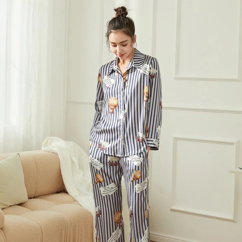 Ling 2 Pcs Pijama Summer Nightwear Women's Pajamas Sleep Lounge Fashion Striped Set Pajamas Long Sleeve Trouser Sets M-XXL