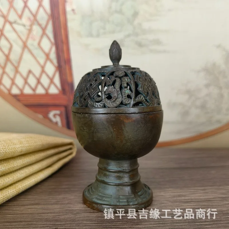

Antique Alloy Incense Burner Qianlong Year Made Elephant Head Lotus Open Lid Double Dragon Incense Burner Ornament Retro Eight T