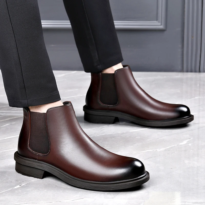 Chelsea Boots Men's Business Style Low Cut Genuine Leather One Step Smoke Pipe Elevated Soft Leather Ankle with Plush Platform