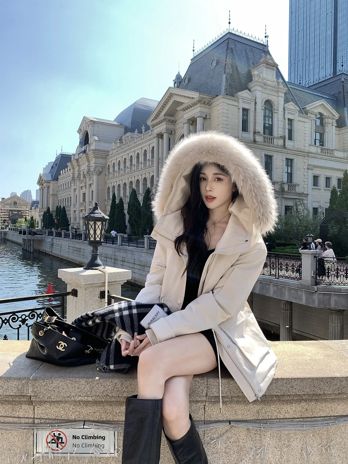 

He Chenxi Women's Hooded Parka Coat with Fur Collar Waist-Cinching Belted Cotton Zipper Sle Long Sve Korean Version