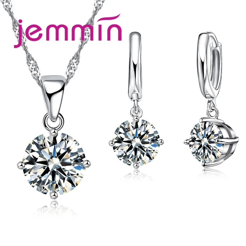 8 Colour AAA Crystal 925 Sterling Silver Pendants Earring Necklace Set Women Girls Party Four-Claw Jewelry