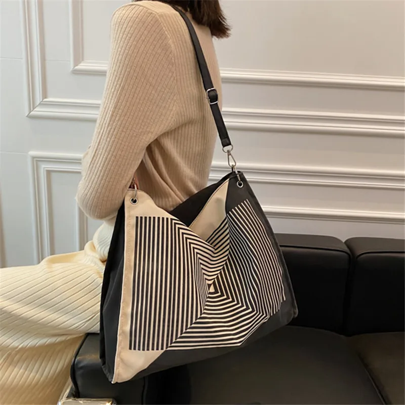 Women\'s Canvas Shoulder Bag Striped Printed Casual Totes Large Capacity For Ladies 2022 Fashion Vintage Armpit Shopping Handbag