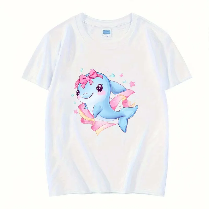 

A Dolphin With A Pink Bow ,High Quality Female T-Shirt 100% Cotton Short Sleeve Multiple Colors Women's Gifts Size XS-3XL