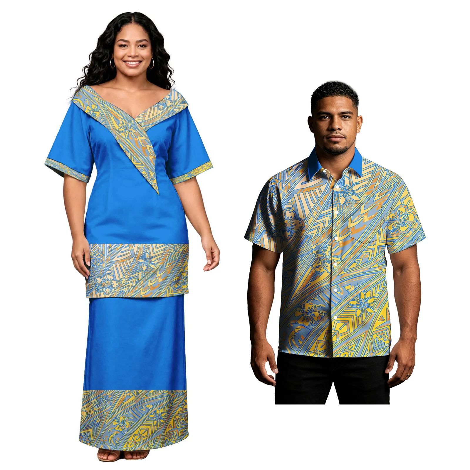 Conjuntos de Pareja con Estampado Tropical Hawaiano para Fiestas, Camisas de Botones Polinesias para Hombre, Diseño Tribal para Mujer, Puletasi Samoano para Iglesia