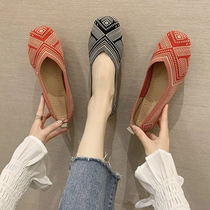 2024 Plus Size Spring New Ballet Flats Women Square Toe Knit Fabric Loafers Breathable Flat Heel Drive Shoes Driving Sneaker