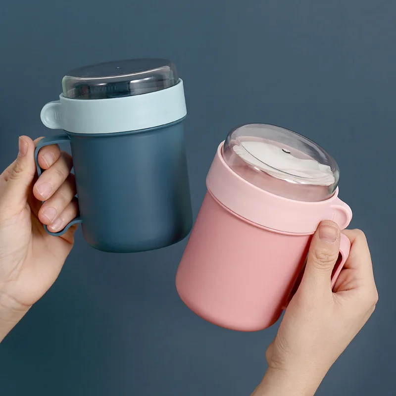 Copo de café da manhã portátil multifuncional copo de aveia cereal porca iogurte caneca lanche micro-ondas com tampa colher lancheira