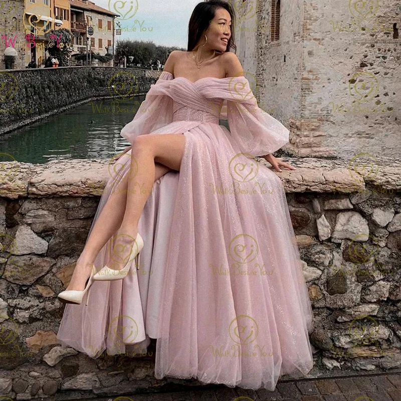 Bling Evening Dresses 2022 Dark Pink Off Shoulder Full Puff Sleeves Sweetheart Front Slit Pleats Evening Gowns Party Graduation