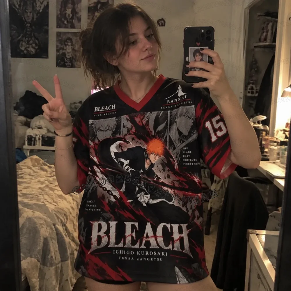 26 Bleach Orihime Inoue Anime Mesh Jersey T‑Shirt Unisex All Over Print V‑Neck Short Sleeve Tee Retro Fan Gift Tops Men T-Shirt