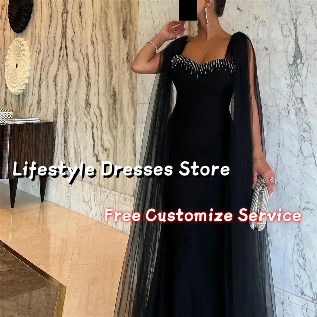 

Black Women's Evening Dresses Formal Beadings Cape Sleeves Tulle Prom Gowns Floor-Length Cocktail Party Plus Size Vestido