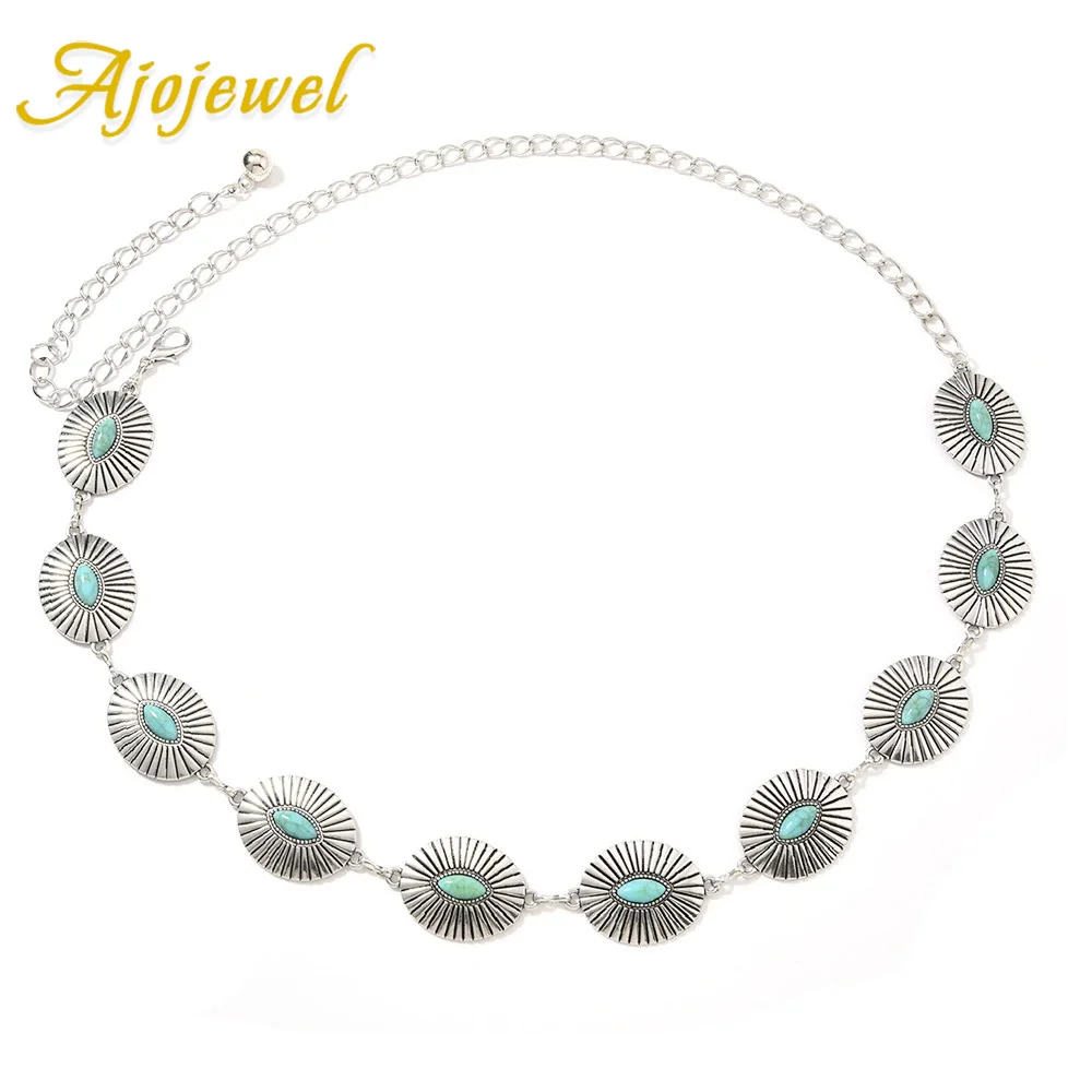 

Ajojewel Metal Statement Vintage Waist Chain Belt With Blue Horse Eye Stone Costume Jewelry For Dress Jeans