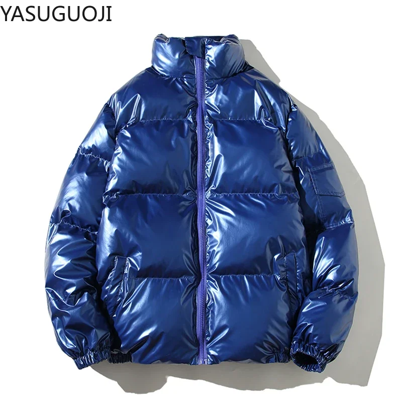 YASUGUOJI Winter Stand Collar Loose Bright Fabric Jacket Men Fashion Reflect Thick Warm Sliver Coat Men Plus Size Mens Clothing