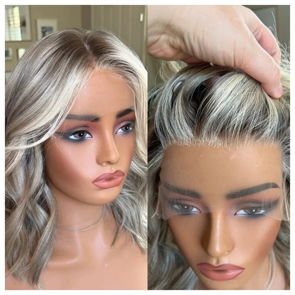 

Soft Dark Ash Streaks Wigs Short Wig Wavy Ombre Ash Highlighted Middle Part Cut h.d Lace Front Wig Luxury Hair Natural Hair Wig