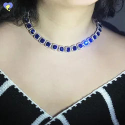 Fashion Luxury Royal Blue Women Men Tennis Cuban Chain Necklace Link Hip Hop Square Bling AAA Rhinestone Glass Jewelry