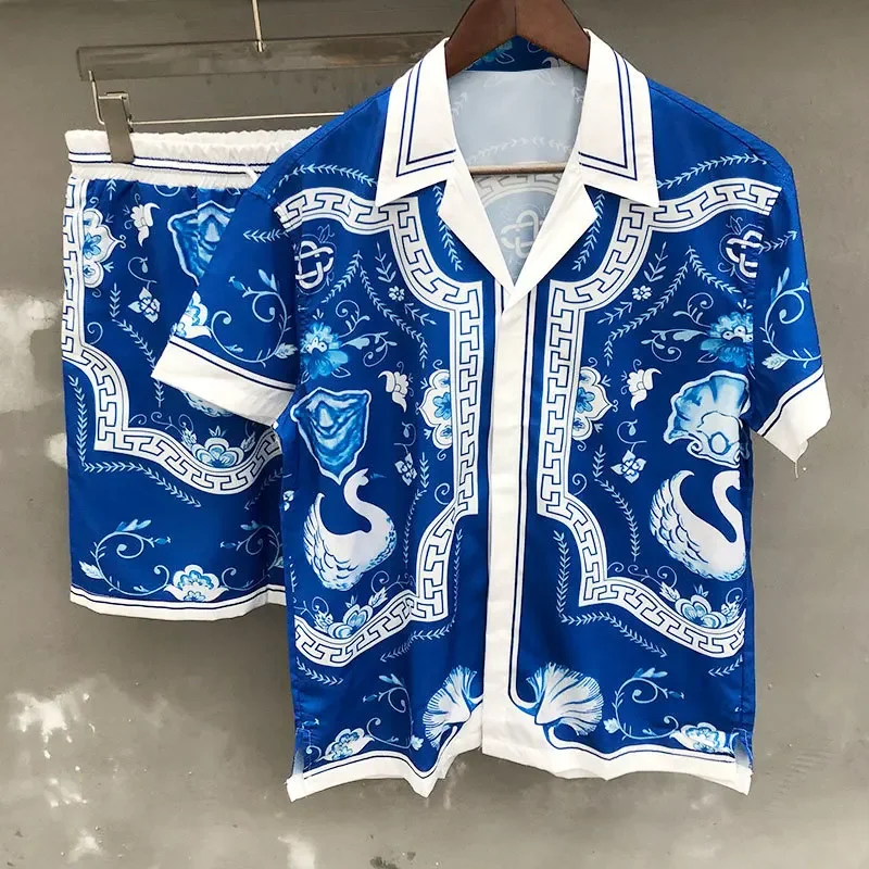 

Geometric Print short sleeve Shirt Set for men Vintage, high quality ruffled streetwear, short sleeve top, casual suit