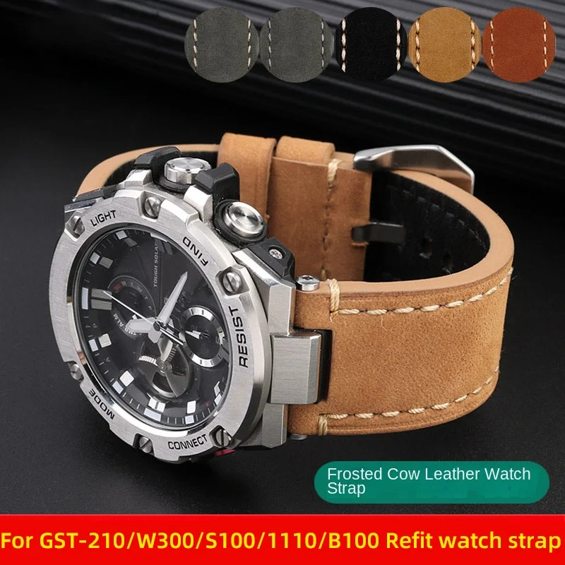 

For Casio watch modified bracelet G-STEEL GST-210/W300/S100/1110/B100/W130L frosted leather strap notch watch band accessories