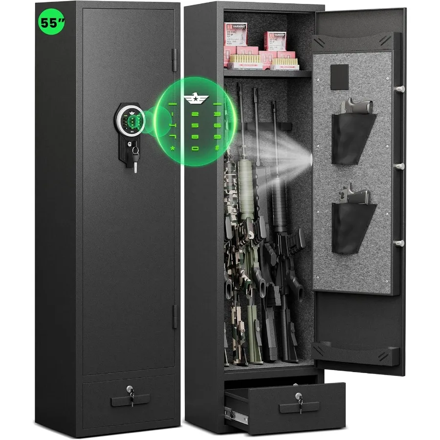 46-Waffentresor zur Aufbewahrung von Gewehren und Pistolen, schneller Zugriff, Gewehrtresor mit hintergrundbeleuchteter Tastatur, sicherer Waffenschrank mit Schublade a