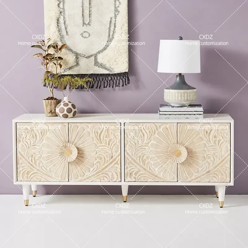 Retro Solid Wood TV Cabinet Hand Carved Storage Floor Console Simple Household Media Stand Living Room Furniture