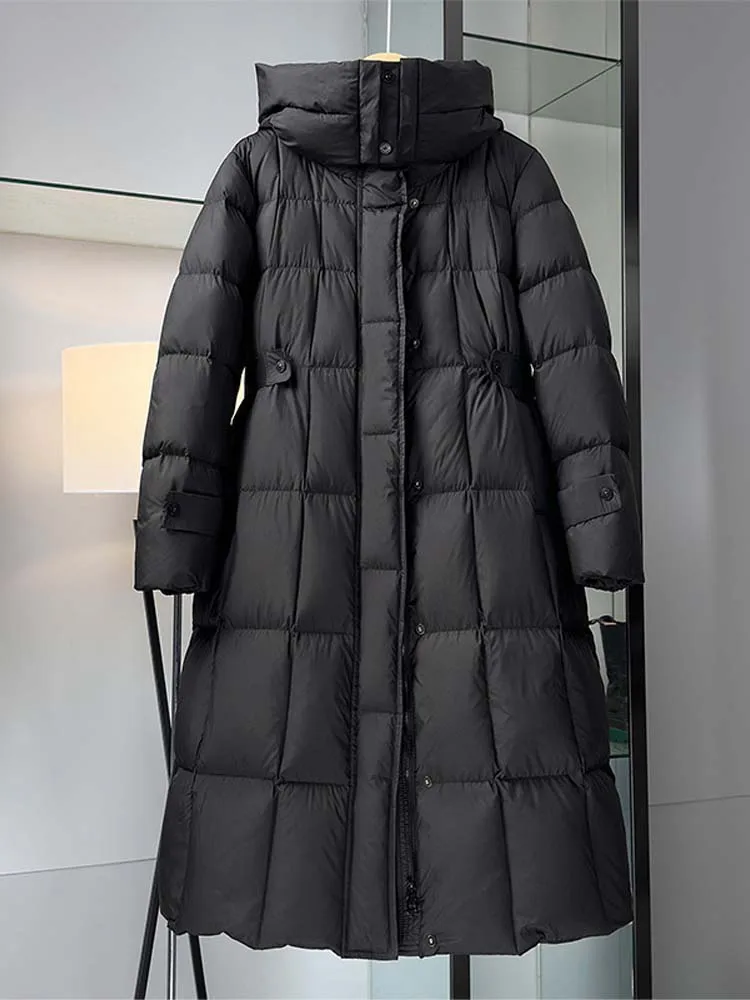 Mulheres de luxo longo para baixo jaqueta com capuz 2026 inverno quente moda manga longa puffer casaco senhoras outwear preto INKEO DJ626