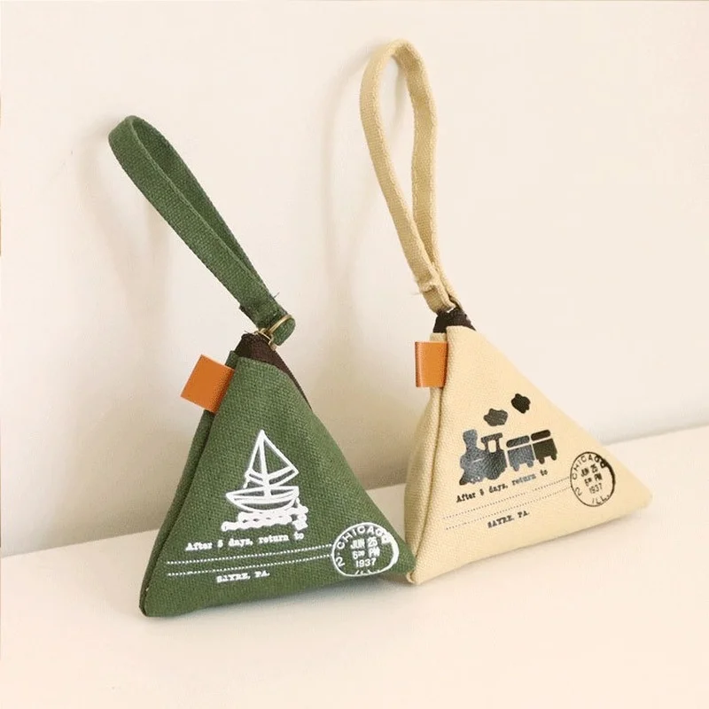 Women\'s Creative Retro Dumpling Coin Purse Fashion Canvas Cute Coin Purse Key Bags Tower Print Triangle Portable Mini Bag