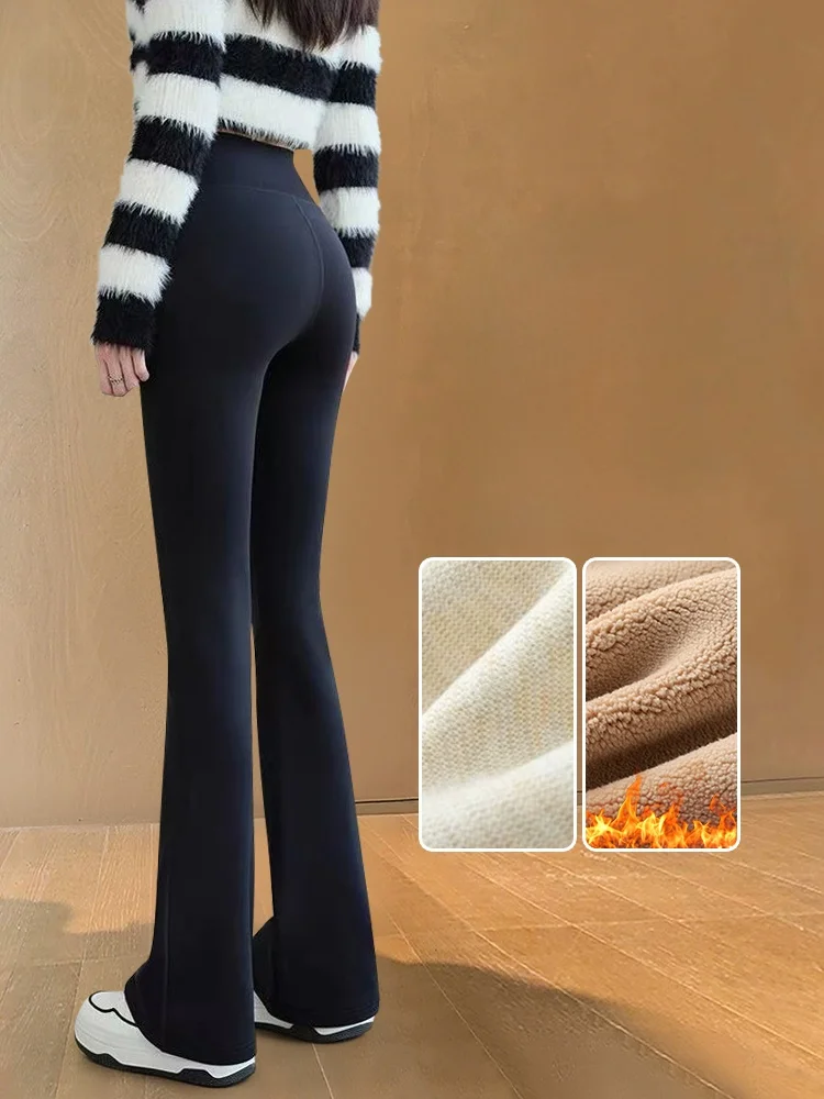 

Женские утепленные флисовые брюки для йоги с высокой талией, зимние теплые узкие брюки-клеш черного цвета