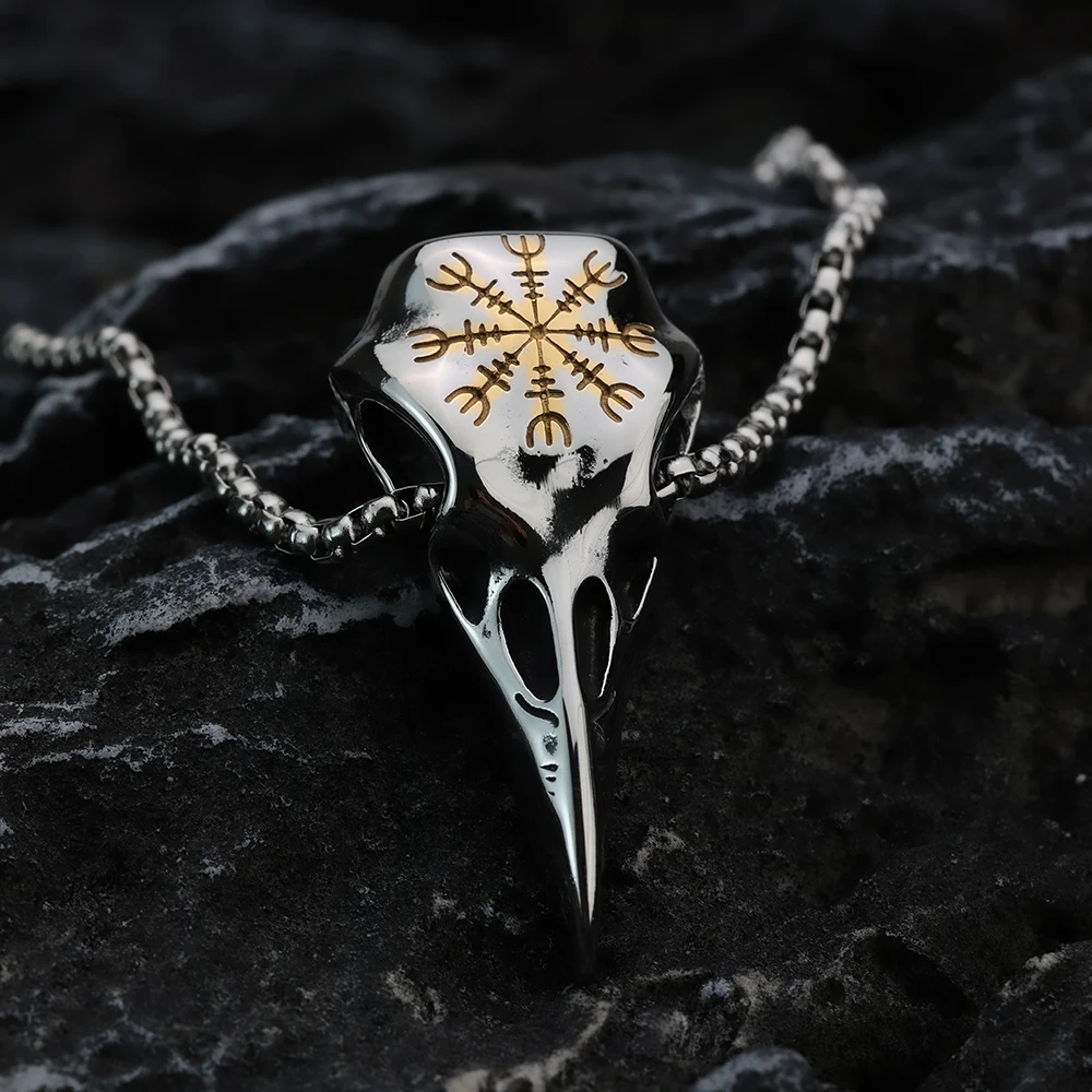 Viking Crow Head Rune Titanium Steel Pendant, European and American Trendy Men's Retro Personality Necklace Accessories