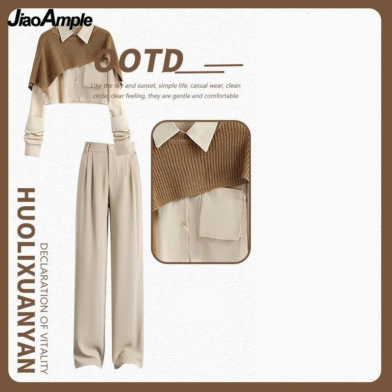 Women's Spring Autumn New Fashion Set 2023 Korean Elegant Retro Smock+Shirt+Wide Leg Pants Three Piece Suit Female Clothing