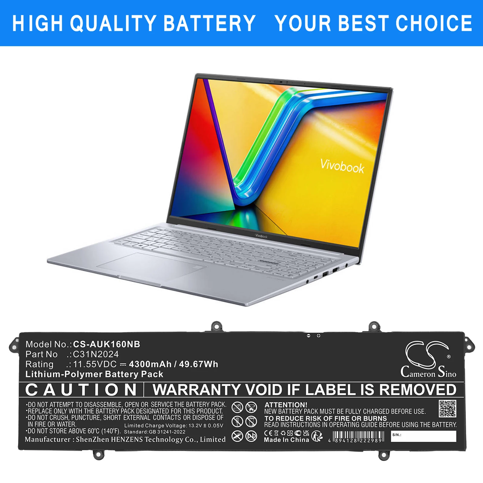 

Replacement 11.55V 4300mAh Laptop Battery C31N2024 for Asus VivoBook 16X K3605VC K3605ZF K3605ZV MX051W N1518W N1025 N1027W