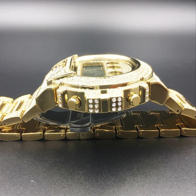 Reloj de oro de 18k para Hombre, pulsera de cuarzo con diamantes completos, LED, Digital, estilo Hip Hop, envío directo