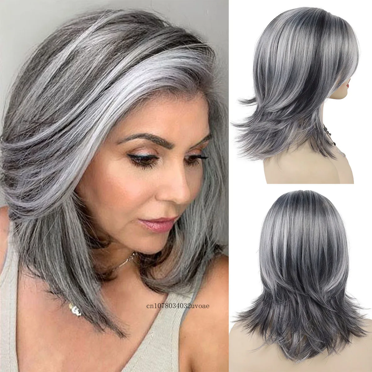 

Silver Fox Synthetic Wigs for Women Long Hair Old Lady Wig Layered Hair with Curtain Bangs Mix Grey Color Natural Wigs for Daily