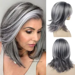 Silver Fox Synthetic Wigs for Women Long Hair Old Lady Wig Layered Hair with Curtain Bangs Mix Grey Color Natural Wigs for Daily