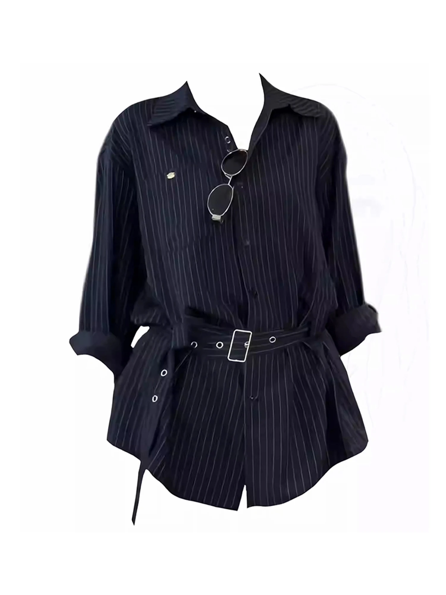 

Women Black Goth Striped Long Sleeve Shirts and Blouses Vintage Y2k Aesthetic 2000s Elegant Polo-Neck Long Shirt Clothes Autumn