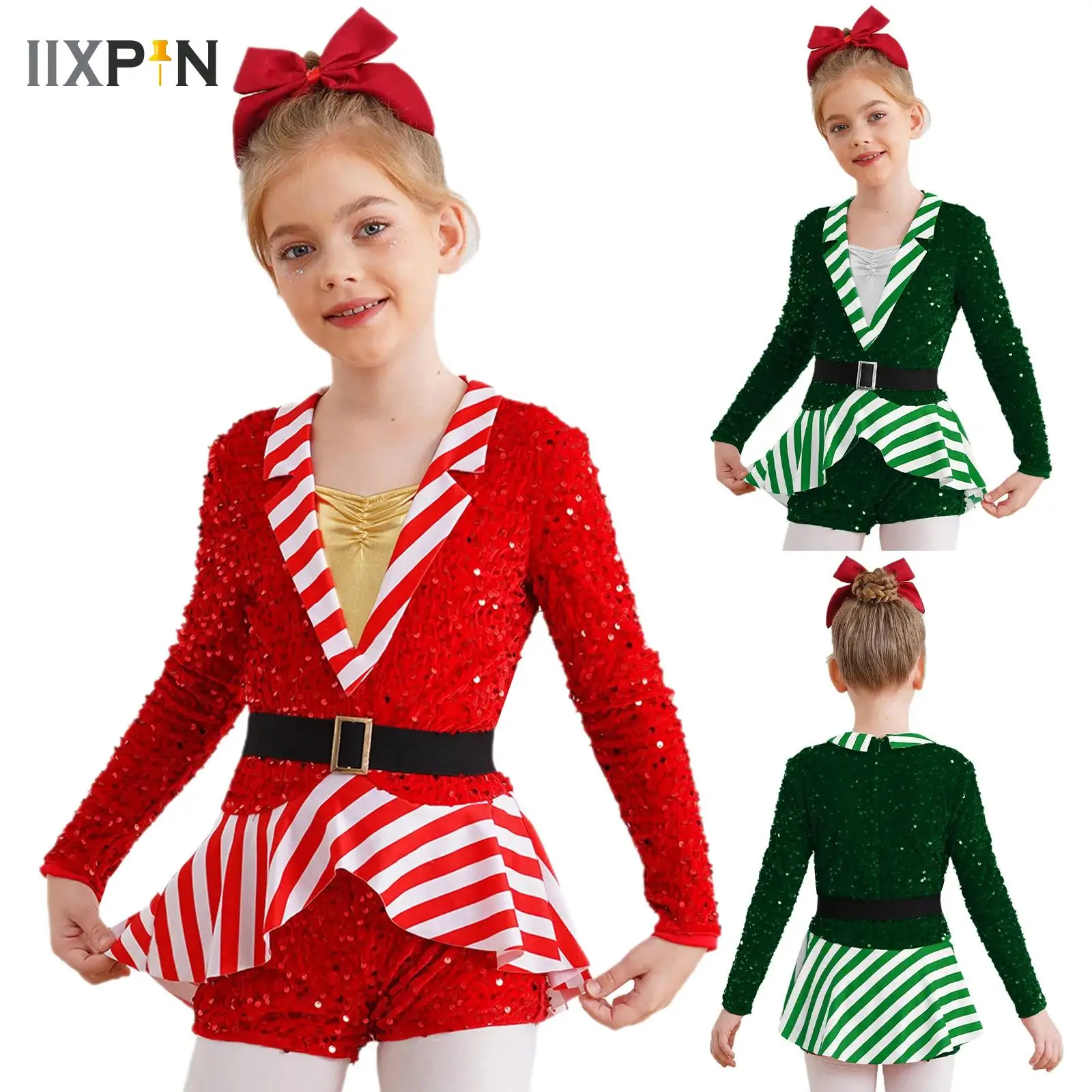

Girls Christmas Elf Santa Candy Cane Costume Long Sleeve Gymnastics Leotard Figure Skating Dancewear for Carnival Party Perform