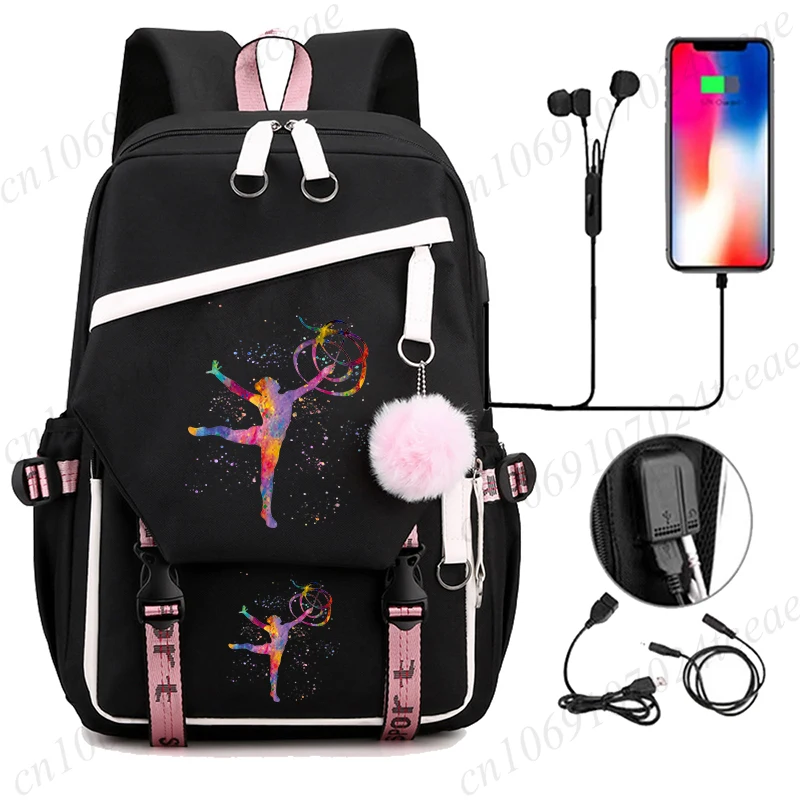 수채화 체조 인쇄 배낭 소녀 대형 Usb 학교 배낭 십대 학생 Bookbag 수채화 체조 Schoolbag