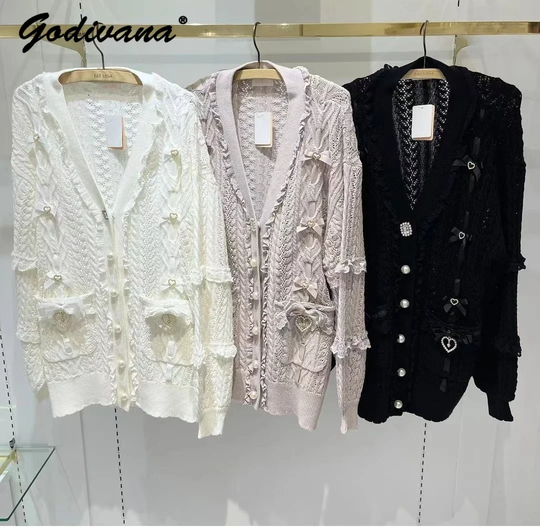 

Japanese Style Ribbon Weaving Hollow Pocket Knitted Cardigan Autumn and Winter Women Girls Sweet Bowknot Long Sweater Coat