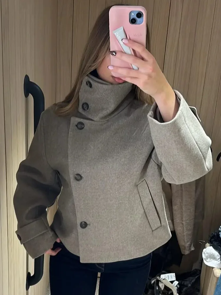 HH Women Autumn Winter High Stand Collar Button Long Sleeves Side Pockets Single Breasted Short Jacket Street Style Jacket